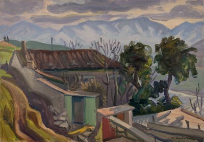 Goura House with Two Trees, Snowy Mountains in Background — Oil painting, Canvas, 46.00×65.00cm — Theodoros Markellos